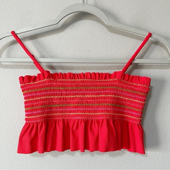 Maaij Camelia Fiesta Red Ruffled Smocked Crop Bikini Top Size 12 Swim Beach - Picture 4 of 11